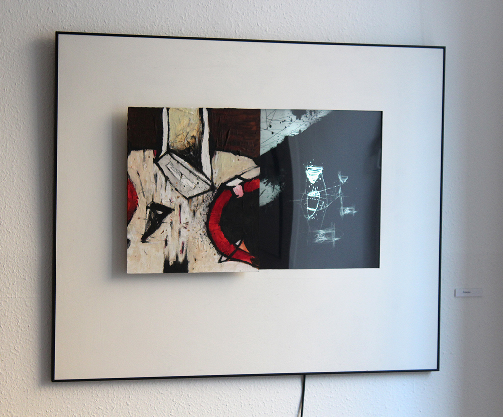 Pál Csaba, Viszony, Karinthy Szalon, 01, Felezés, 100x120x5 cm, síkfilm,plexi, neon, falap Pál Csaba, Viszony, Karinthy Szalon, 01, Felezés, 100x120x5 cm, síkfilm,plexi, neon, falap