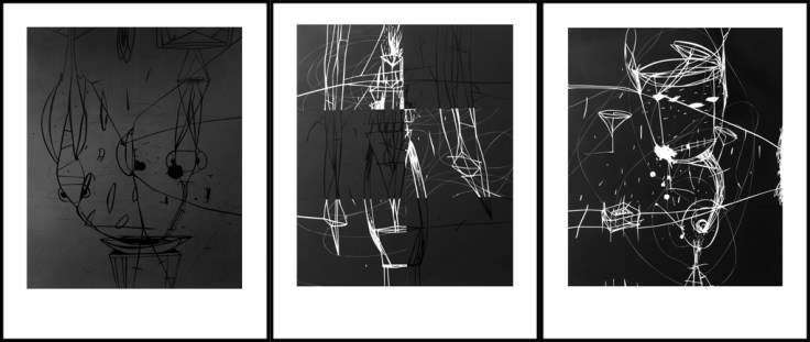 Pál Csaba, Élő kontúr, 140 x 300 cm, digitális nyomat, (lakk, fehér festék, fekete papíron) 2020